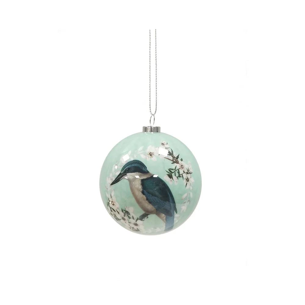 Pale blue Christmas bauble featuring a Kingfisher bird and Manuka flowers.