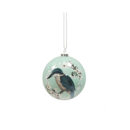 Pale blue Christmas bauble featuring a Kingfisher bird and Manuka flowers.