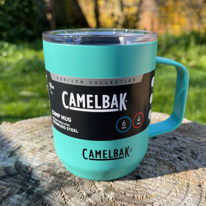 Camelbak Coastal blue stainless camping mug with lid and handle.