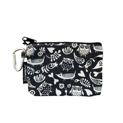 Simple purse in black with white floral, dog & owl pattern and a carabiner clip.