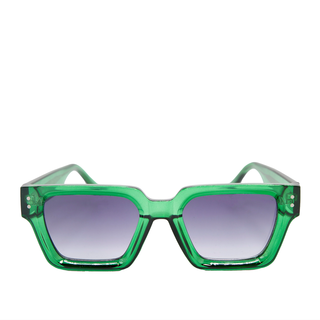 Green translucent square sunglasses with grey lenses, shown from the front on a plain white background.