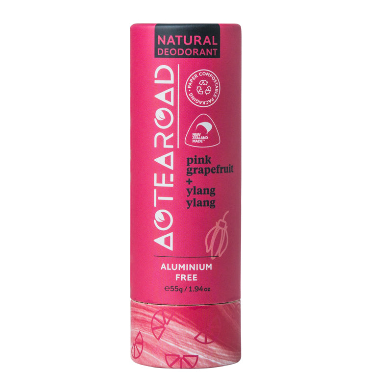 Natural deodorant stick in pink grapefruit and ylang ylang scent by Aotea Road.
