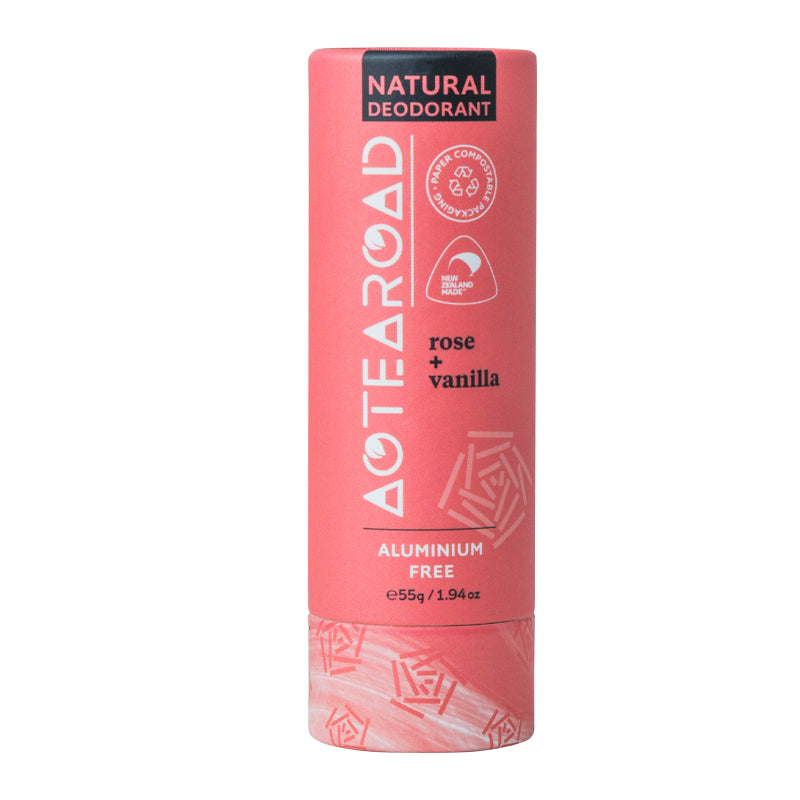 Rose & vanilla natural deodorant stick.