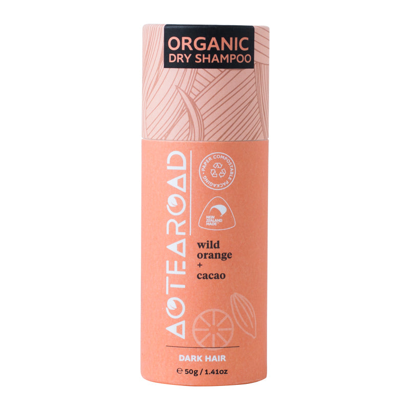 Organic dry shampoo for dark hair in a cardboard tube from Aotearoad.