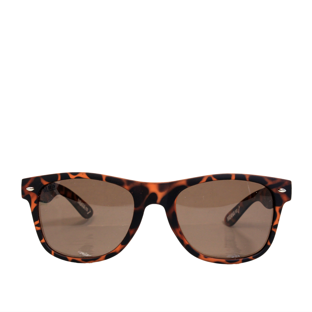 Sunglasses with tortoiseshell frame and brown lenses on a white background