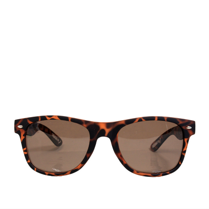 Sunglasses with tortoiseshell frame and brown lenses on a white background