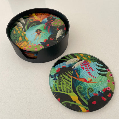 Set of 6 round glass coasters featuring bright colourful artwork of native New Zealand flora & fauna and women swimming in water. Five coasters are stacked i a black holder and one is on display in front. Each coaster has a different image.