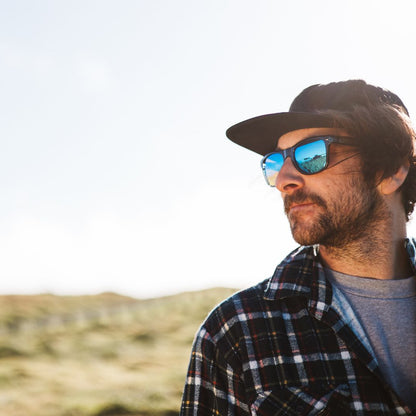 A man in a black cap, blue mirrored sunglasses, and a black-and-white plaid flannel shirt standing outdoors against a bright sky.