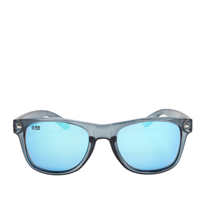 A pair of sunglasses with translucent gray frames and light blue mirrored lenses, shown against a plain white background.