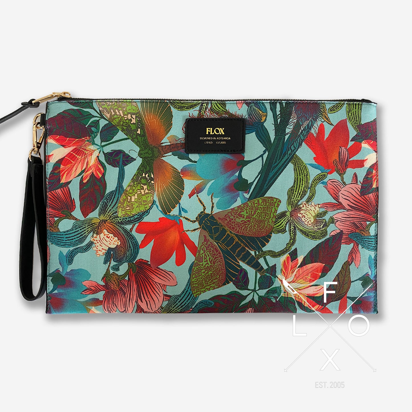 Flox clutch bag with NZ native flying insects and flowers in shades of blue, green, red and pink.