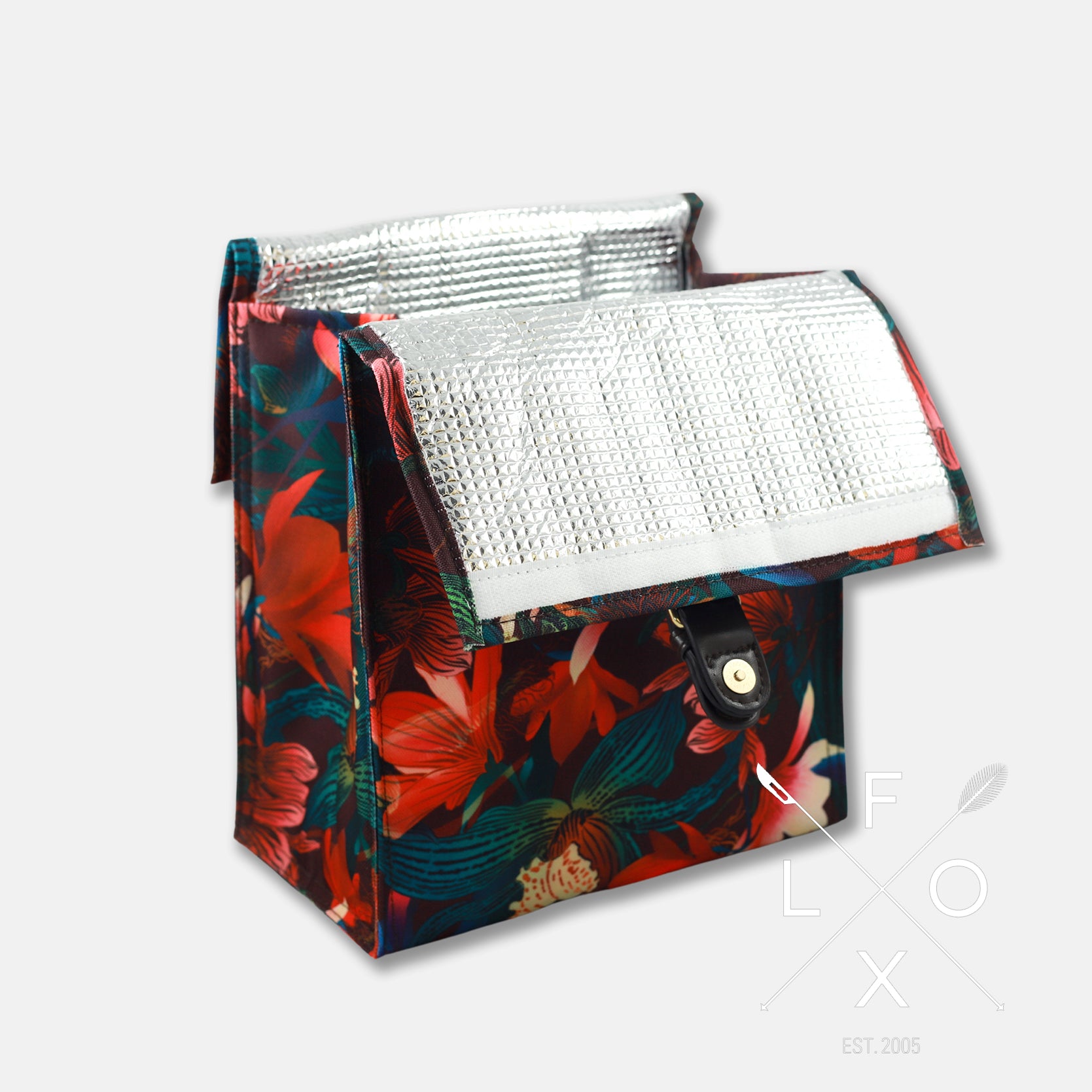 Colourful flox designed small lunch bag in dark burgundy with bright magnolia flower print and silver thermal lining.