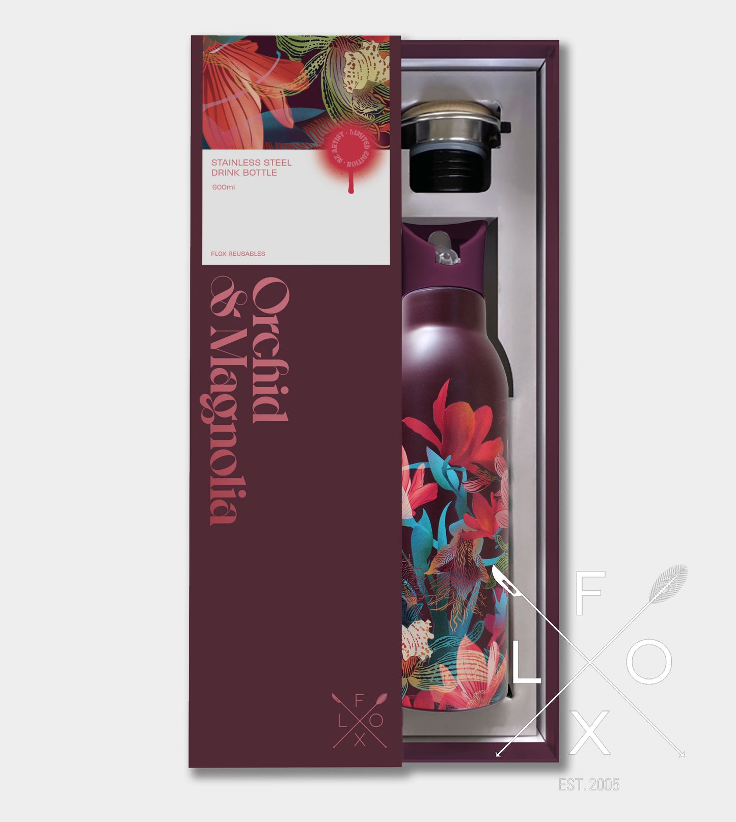 Burgundy drink bottle with magnolia and orchid print with matching box by Flox design.