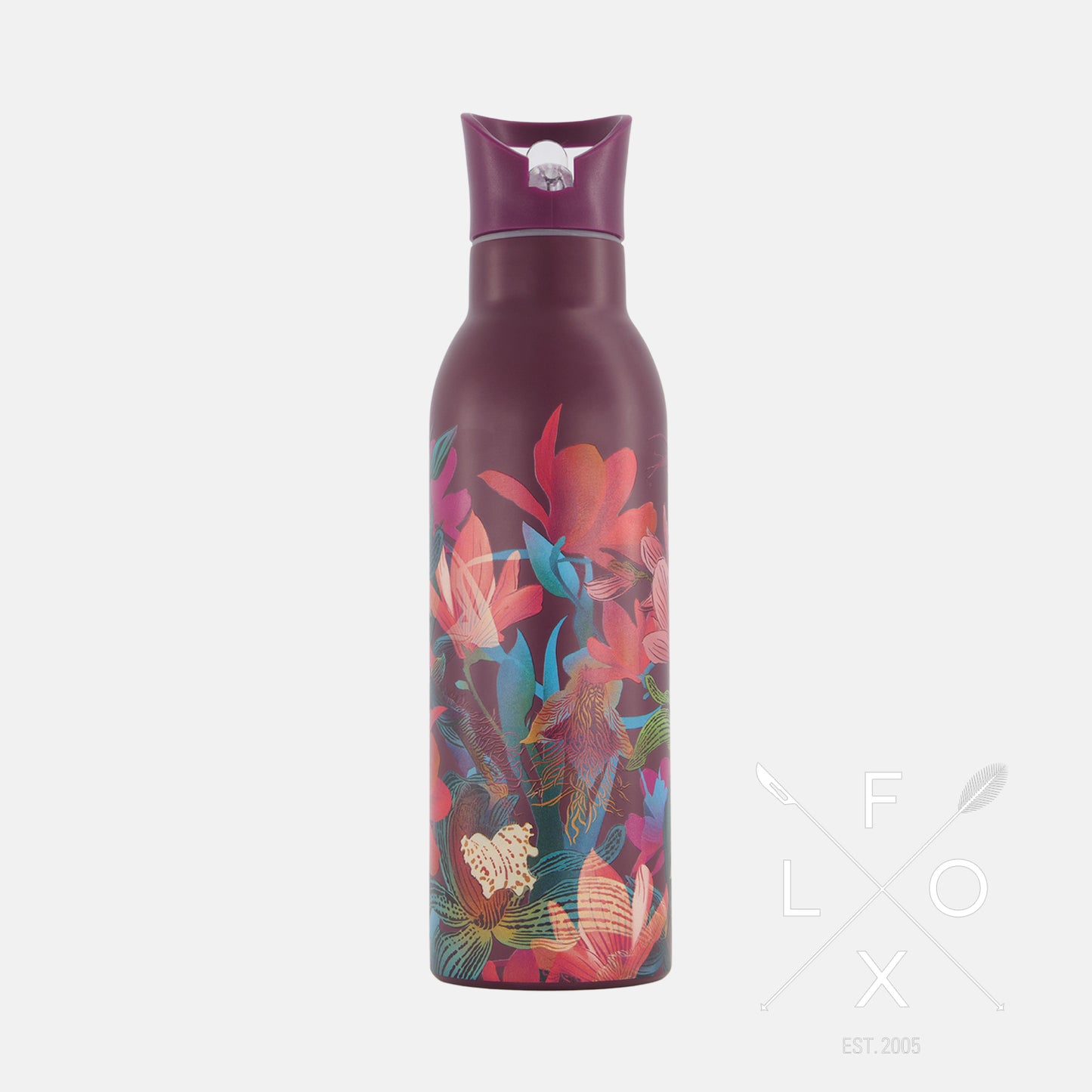 Burgundy drink bottle with magnolia and orchid print with matching box by Flox design.