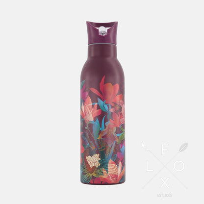 Burgundy drink bottle with magnolia and orchid print with matching box by Flox design.