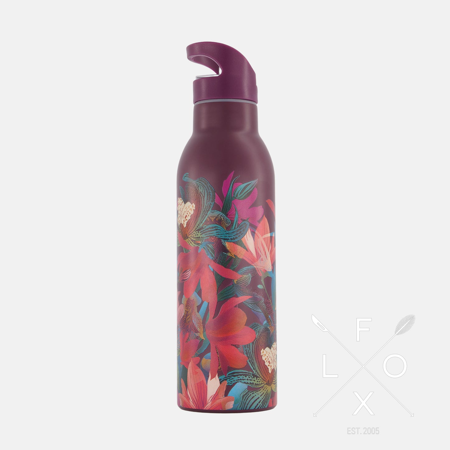 Burgundy drink bottle with magnolia and orchid print with matching box by Flox design.