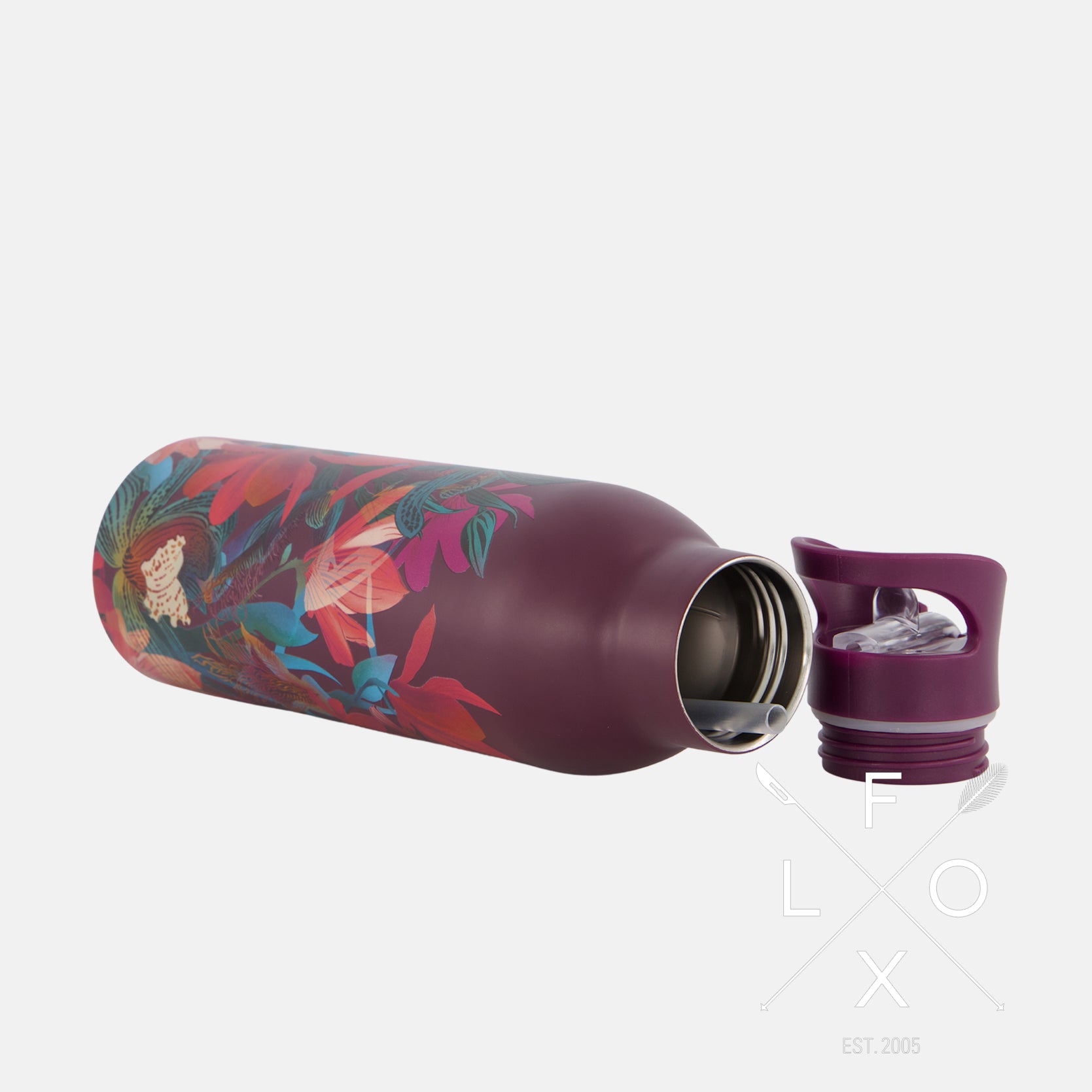 Burgundy drink bottle with magnolia and orchid print with matching box by Flox design.