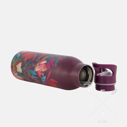 Burgundy drink bottle with magnolia and orchid print with matching box by Flox design.