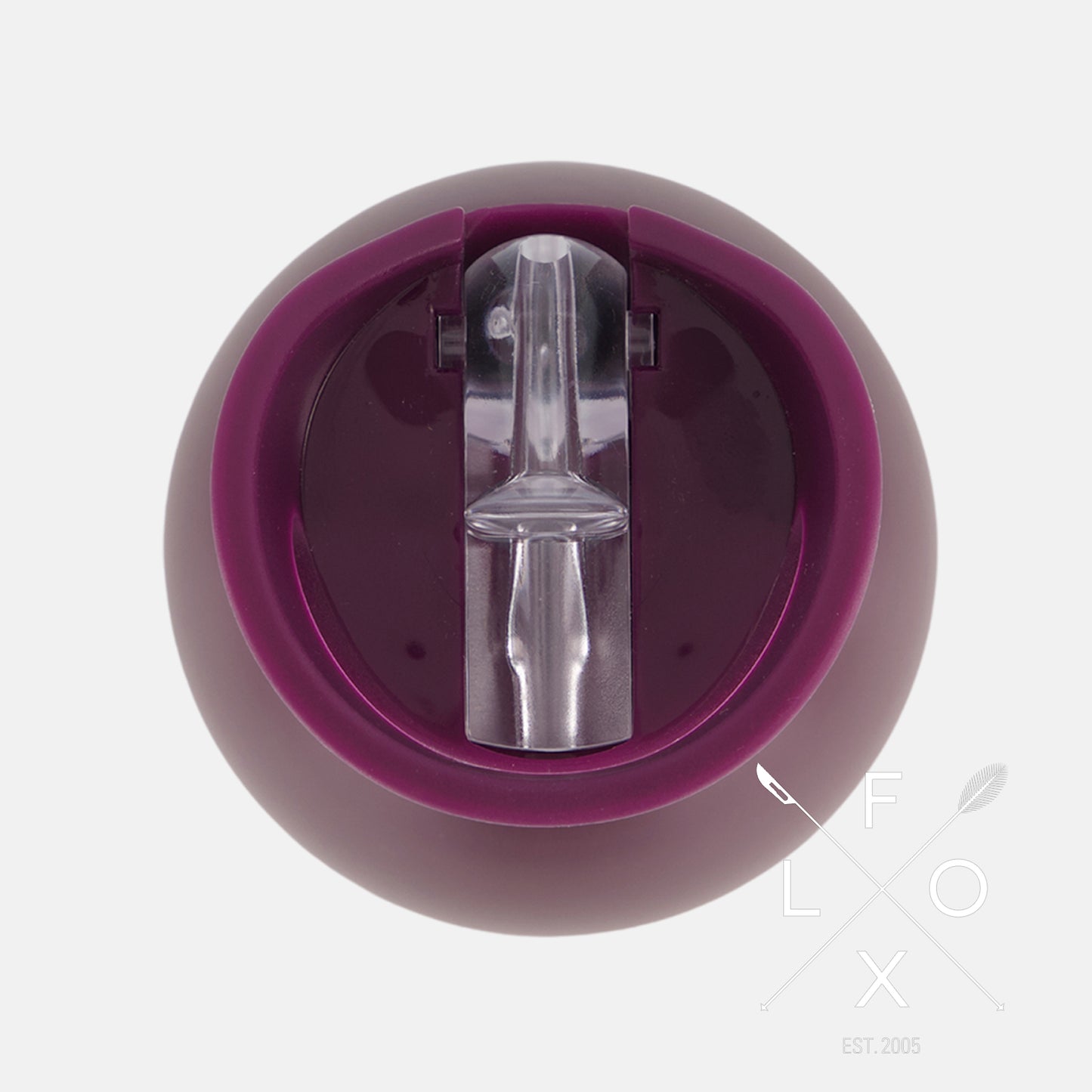 Birds eye view of a burgundy coloured drink bottle showing the clear sipper piece.