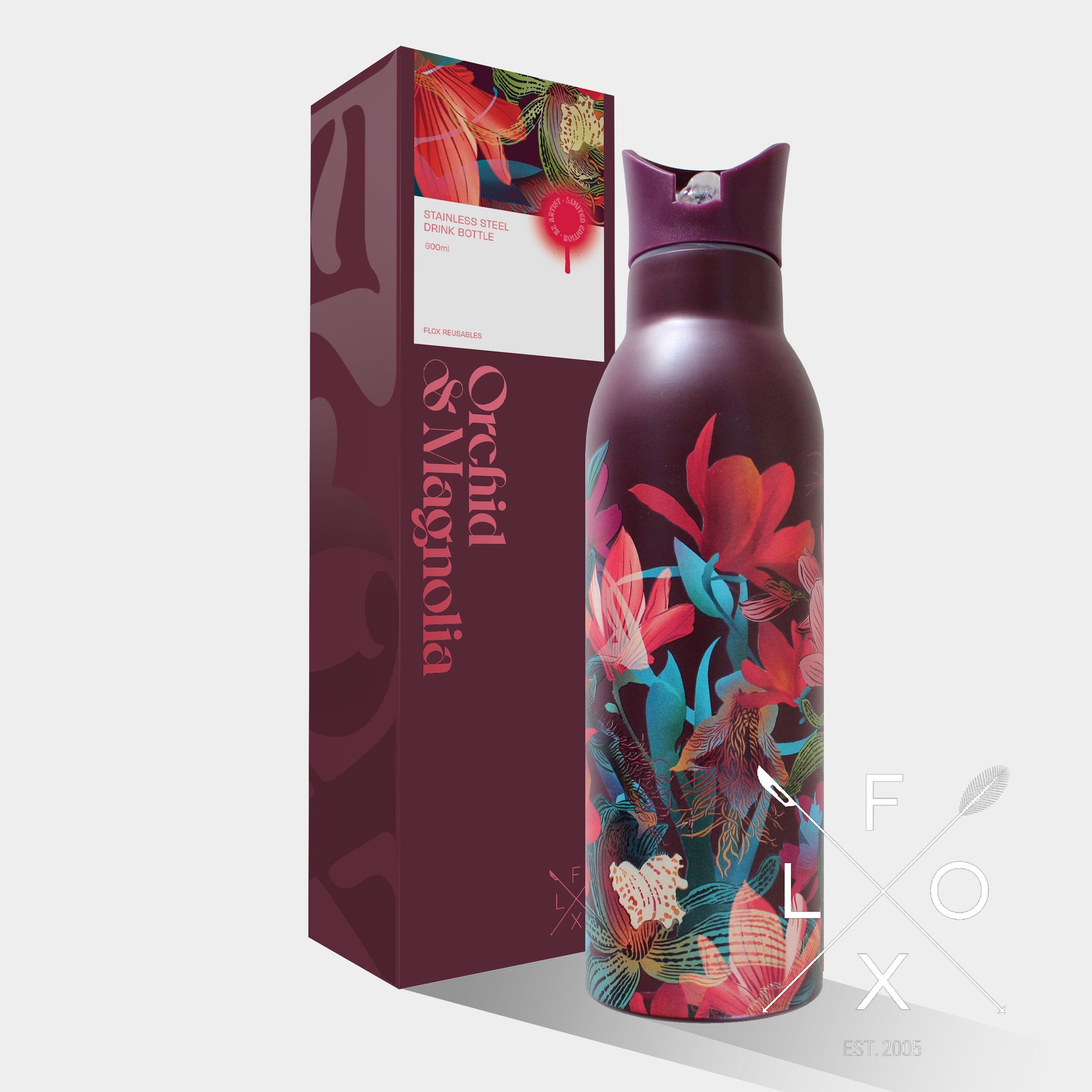 Burgundy drink bottle with magnolia and orchid print with matching box by Flox design.