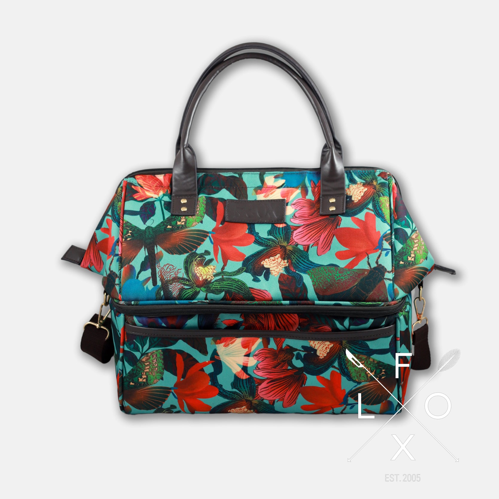 Colourful picnic cooler bag with teal blue background and magnolia flower print.