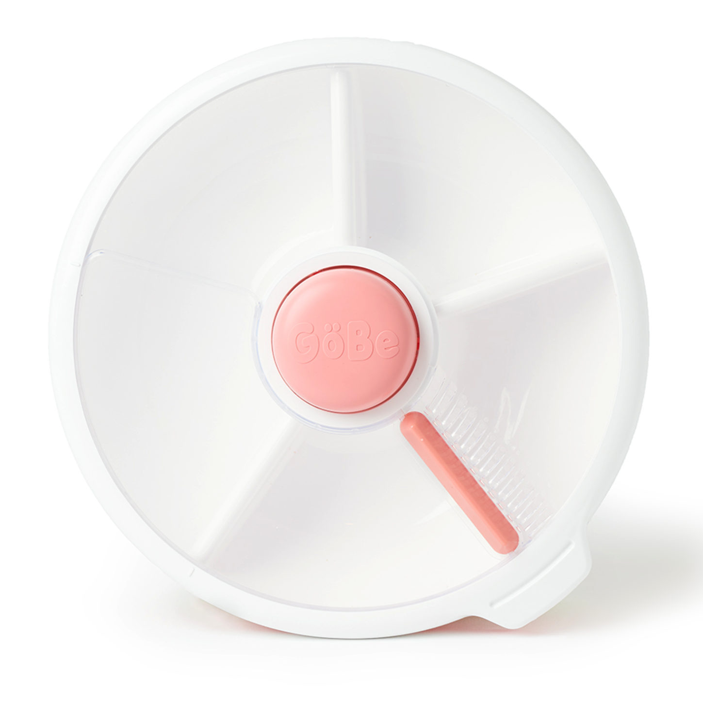Gobe snack spinner lunch box in coral pink and white.