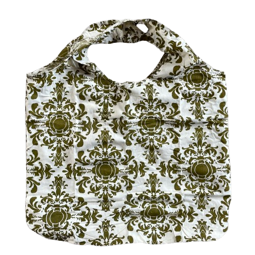 White cotton tote bag with olive green floral decorative pattern.