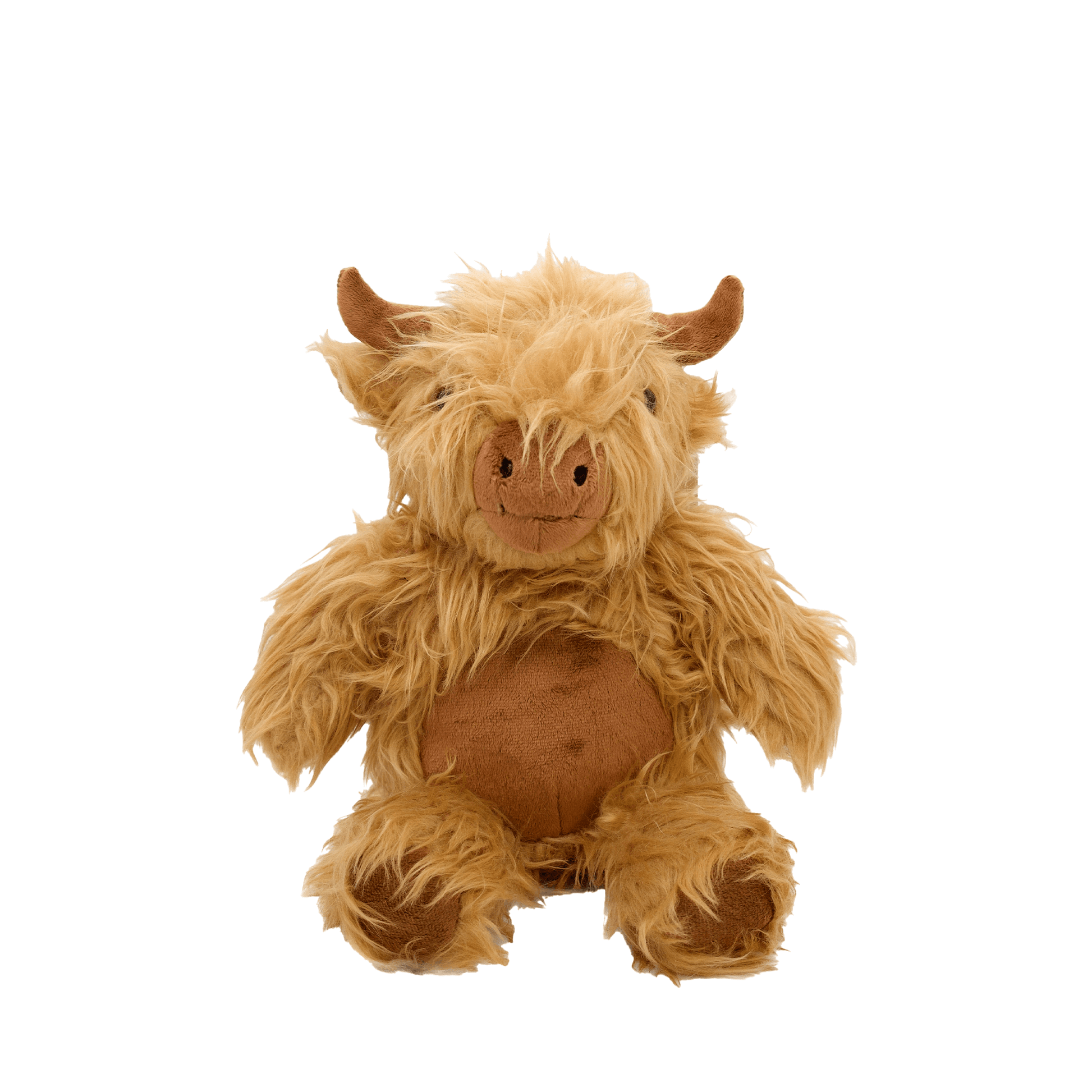A soft toy Highland Cow with shaggy light brown fur, darker brown horns, nose and tummy. 