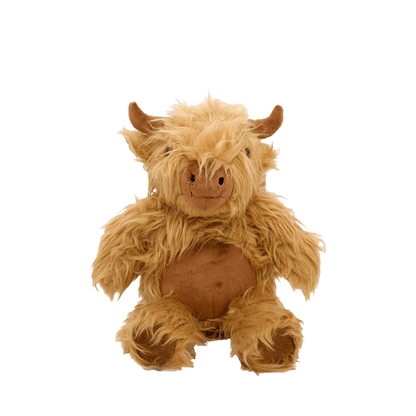 A soft toy Highland Cow with shaggy light brown fur, darker brown horns, nose and tummy. 