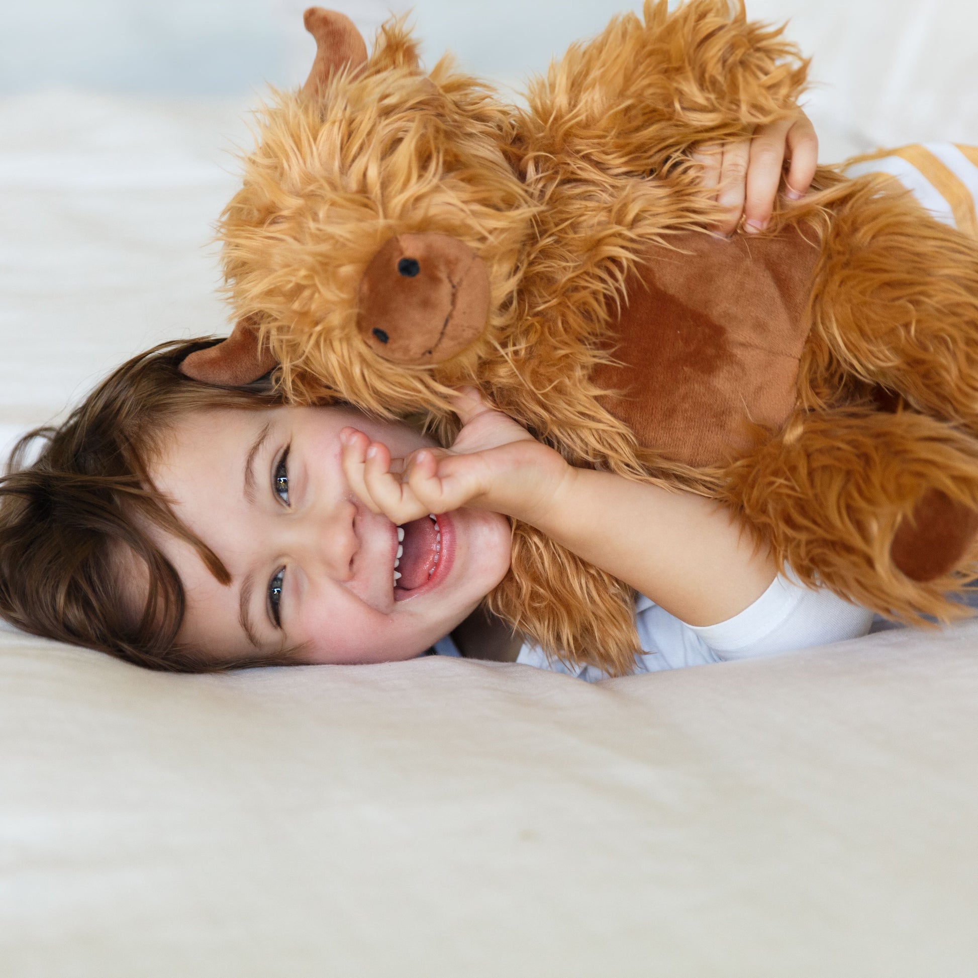 Young child lying on his side on a bed cuddling a soft toy Highland Cow.