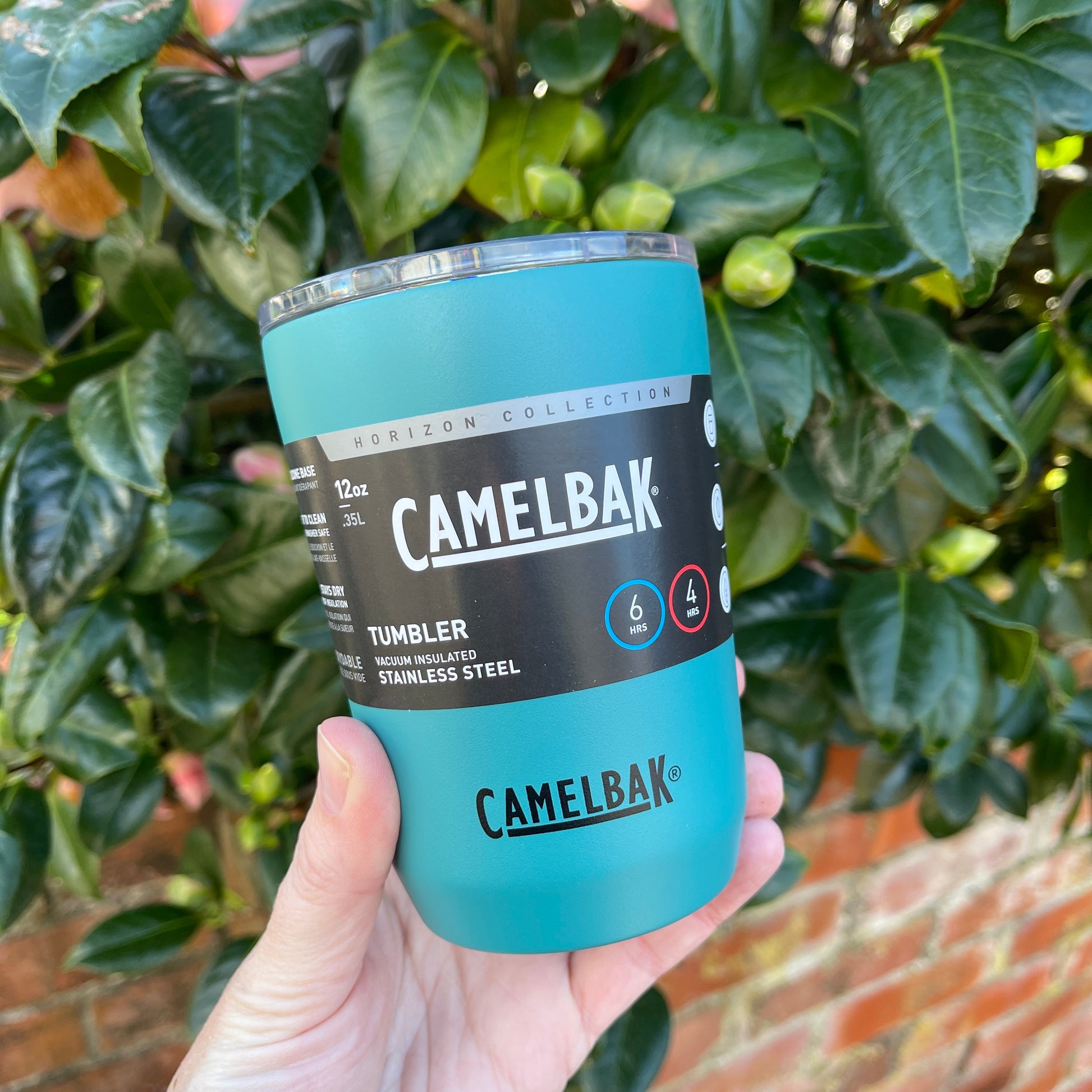 Stainless steel coffee tumbler from Camelbak in a teal lagoon colour.