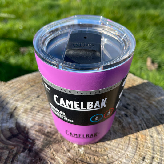 Stainless steel coffee tumbler from Camelbak in a magenta colour.