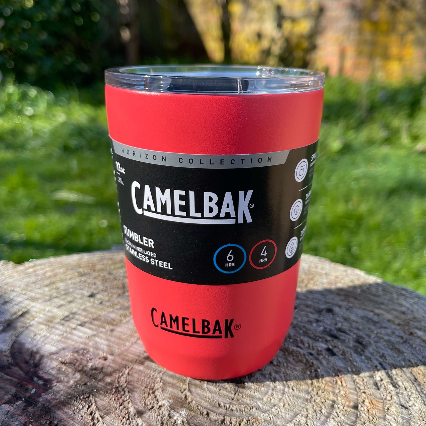 Stainless steel coffee tumbler from Camelbak in a strawberry red colour.