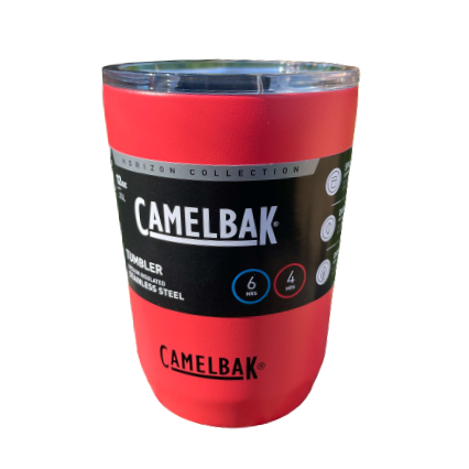 Stainless steel coffee tumbler from Camelbak in a strawberry red colour.
