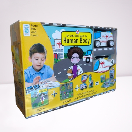 Childrens book, puzzle and wooden play set featuring the human body.