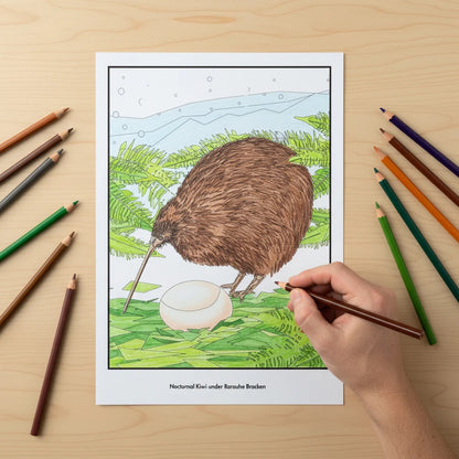 A coloring book page featuring a kiwi bird and egg illustration, shown on a light wood desk with colored pencils around it. A hand is holding a pencil, ready to color.