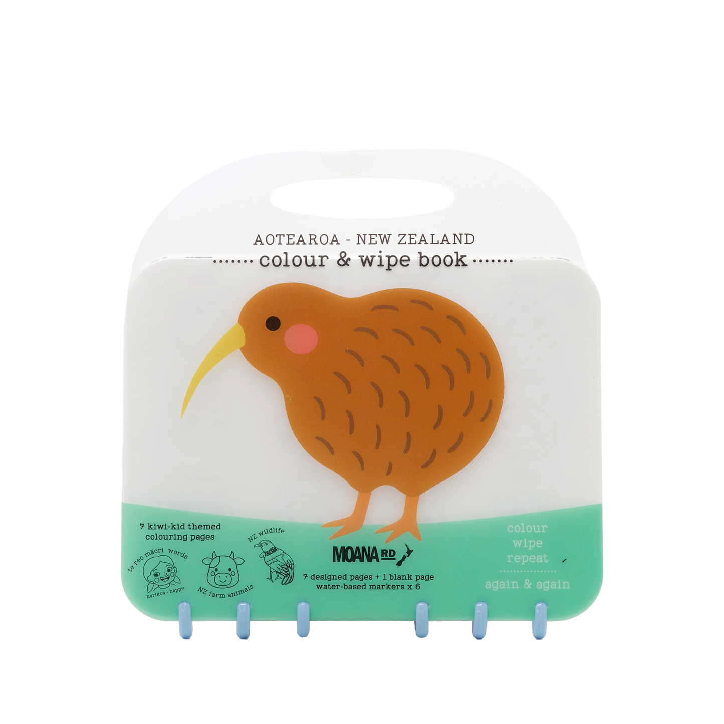 Colour and wipe book with a kiwi bird design on a white background