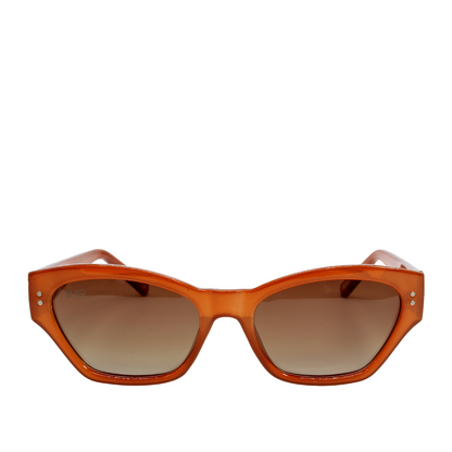 Burnt orange coloured plastic frame sunglasses with brown polarized lenses.