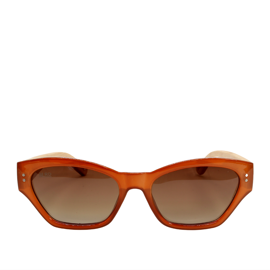 Front view of burnt orange coloured plastic frame sunglasses with brown polarized lenses. 
