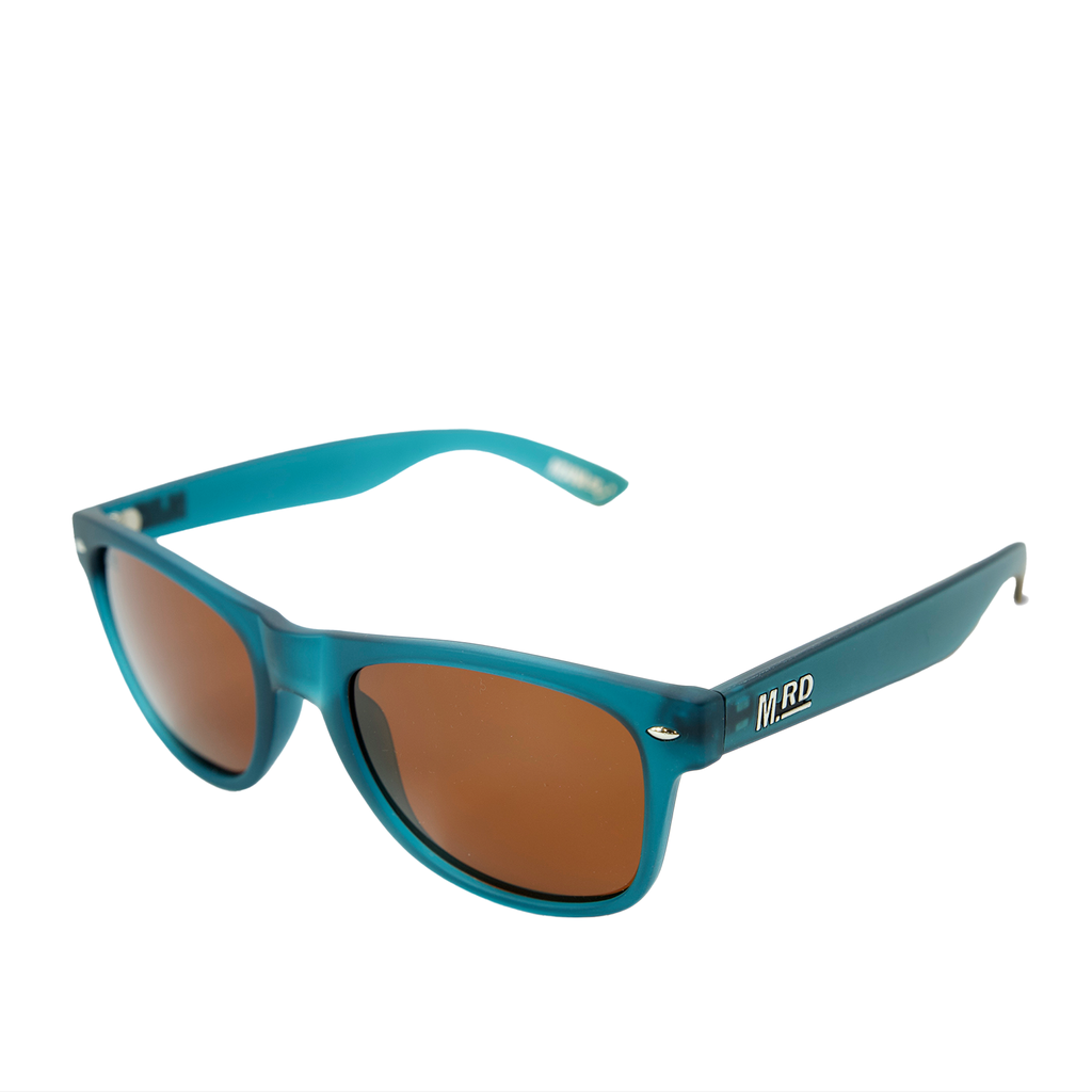 Denim blue coloured plastic framed sunglasses with brown polarized lenses on a white background.