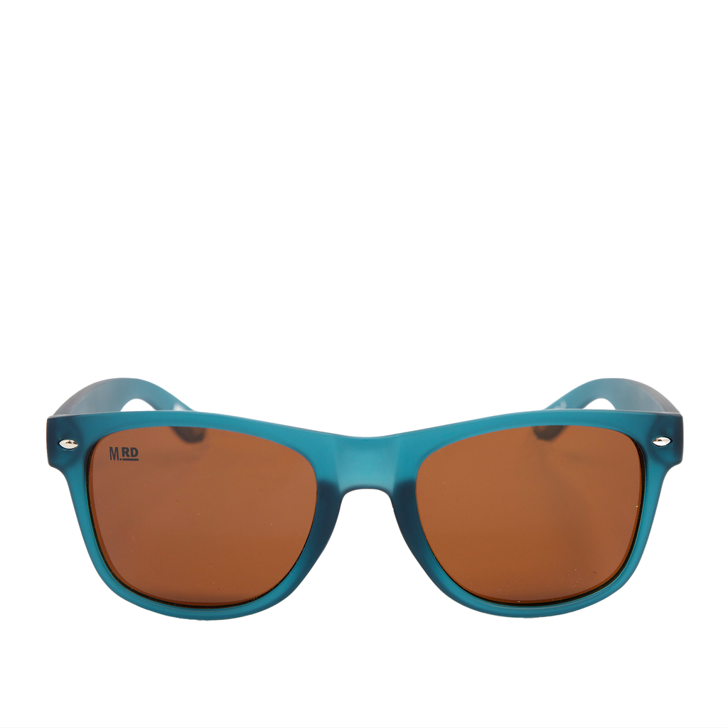 Denim blue coloured plastic framed sunglasses with brown polarized lenses on a white background.
