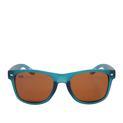 Denim blue coloured plastic framed sunglasses with brown polarized lenses on a white background.