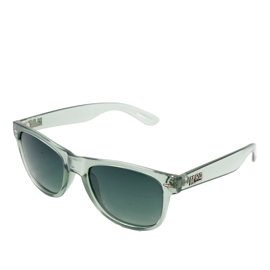 Clear frame sunglasses with dark lenses on a white background