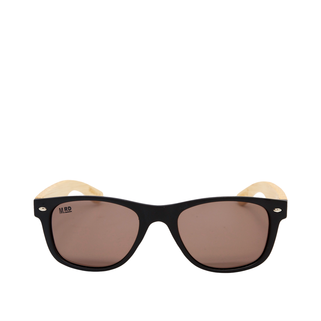 Black sunglasses with light wood temples and brown-tinted lenses, shown against a plain white background.