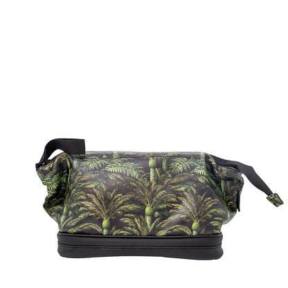 A rectangular zippered pouch with a black base and a tropical palm tree print in shades of green and black.
