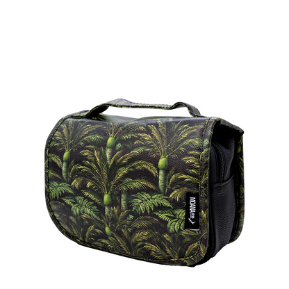 A rectangular zippered toiletry bag with a tropical palm tree print in shades of green and black, featuring a top carry handle and a black side pocket with a visible 'Moana RD' brand label.
