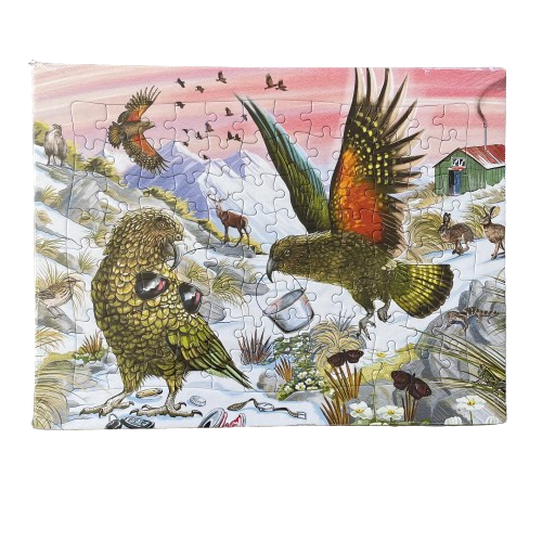 Tray puzzle featuring naughty Kea birds stealing items.