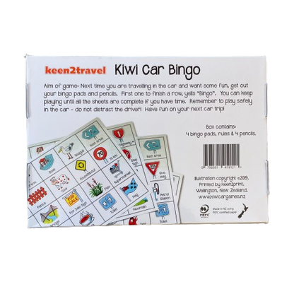 Kiwi Car Bingo travel game.