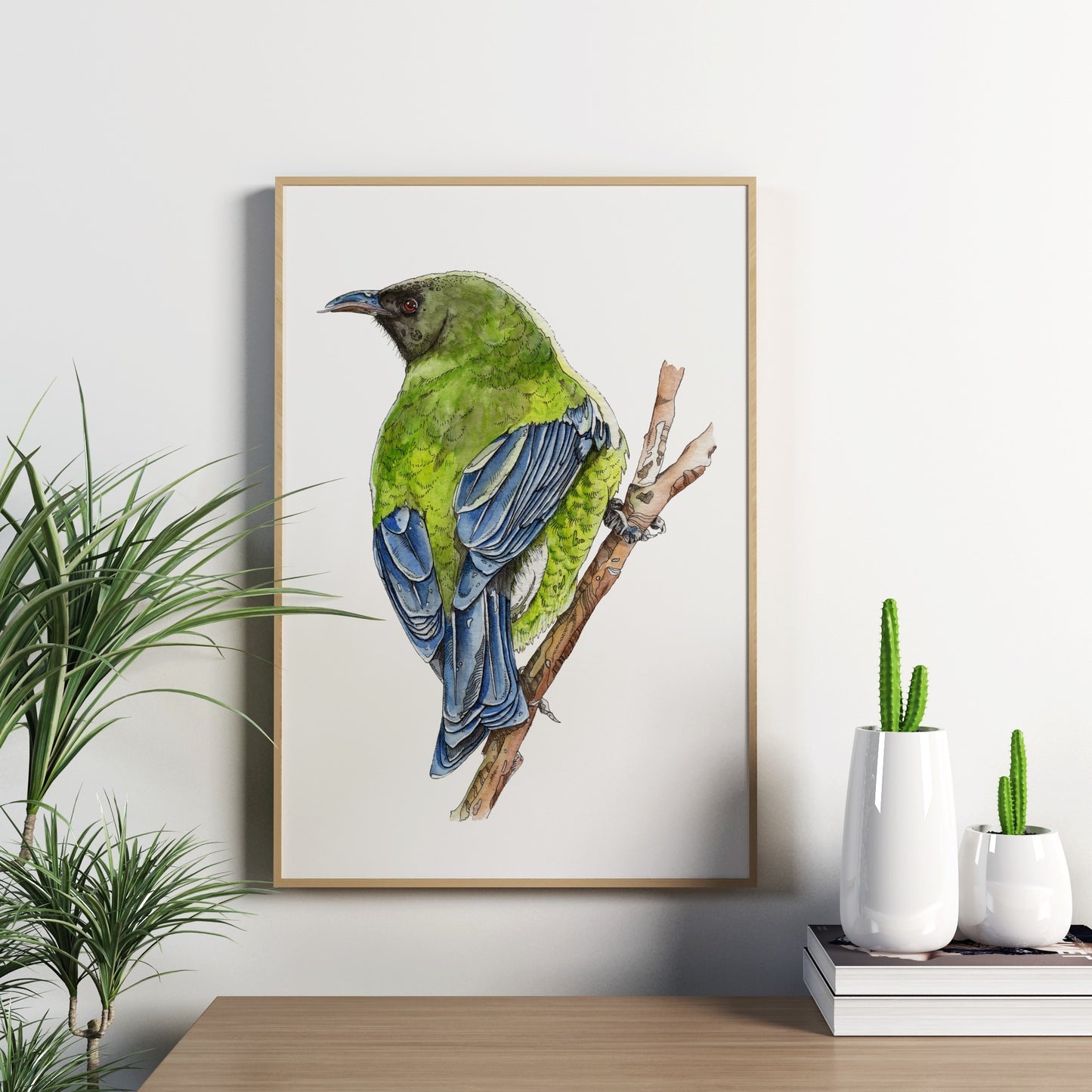 Watercolour art print of a Korimako bird sitting on a branch.
