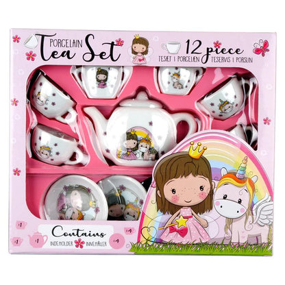 Childrens porcelain tea set featuring a princess and unicorn design.