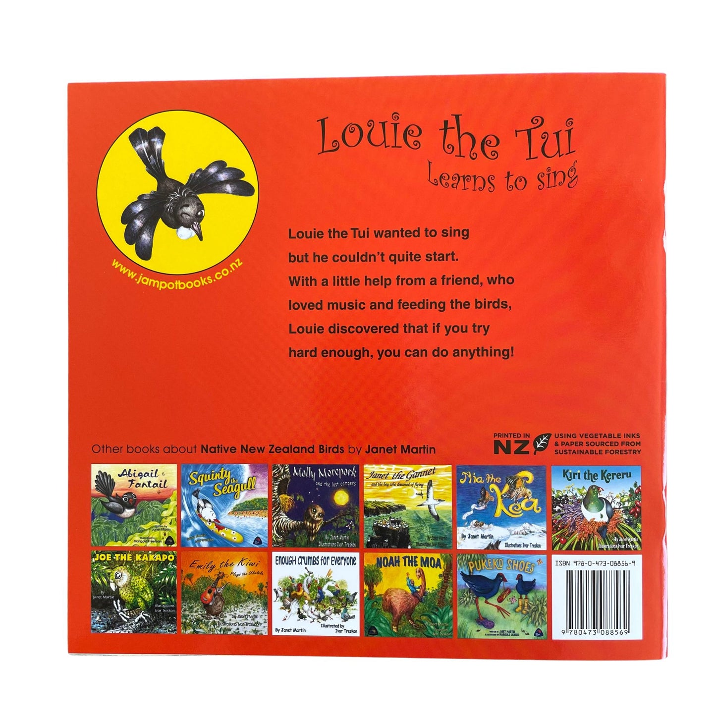 Louie the Tui Learns to Sing - Soft Cover Children's reading book. Back cover of the book.